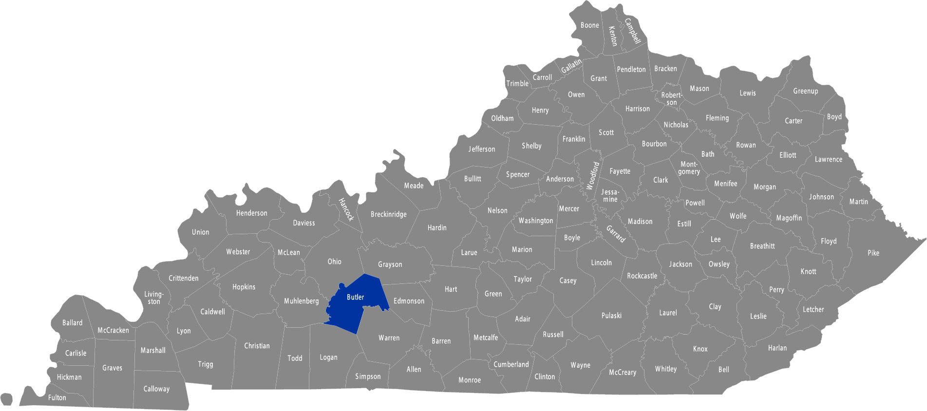 State of Kentucky map with Butler County highlighted